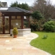 Patio in Tobermore Pietra Sandstone Buff with Kerbstone risers to edge
 (05-06-2008)